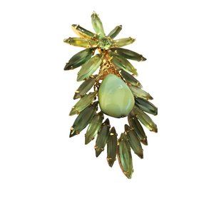 Vintage Green Glass Gold Filagree Pronged Elegant Women's Dome Brooch